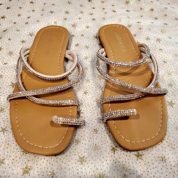 ANDIAMO Sandals Flat Strappy with Bling Rhinestones ~ Size 5 1/2 M - Picture 1 of 4